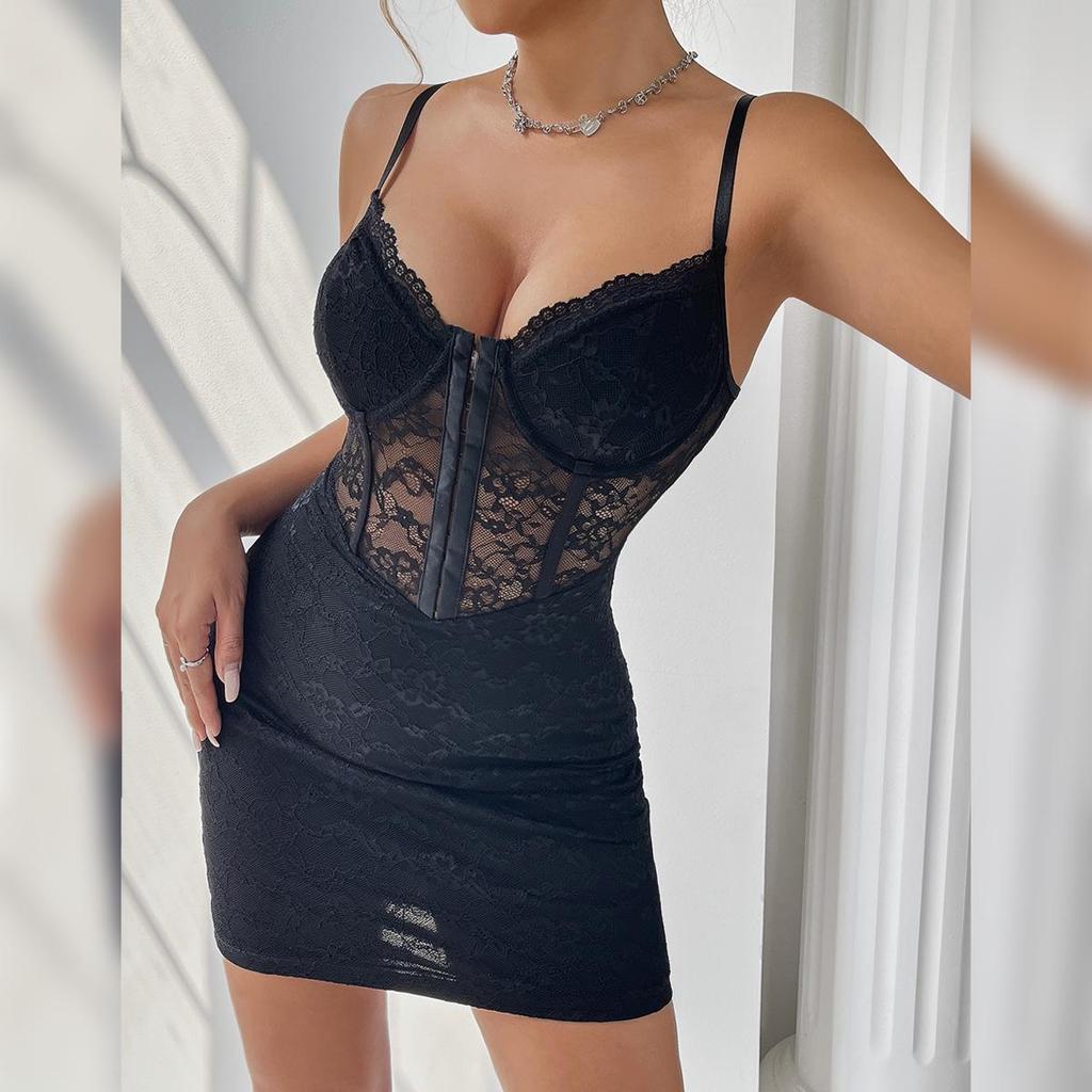 INS Style Lace-Trimmed Semi-Sheer Slim Fit Boned Bodycon Camisole Dress