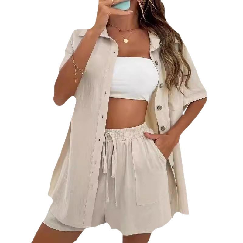 2024 Women's Casual Two-Piece Shorts Set - Solid Color Loose Short Sleeve Shirt with Single-Breasted Design