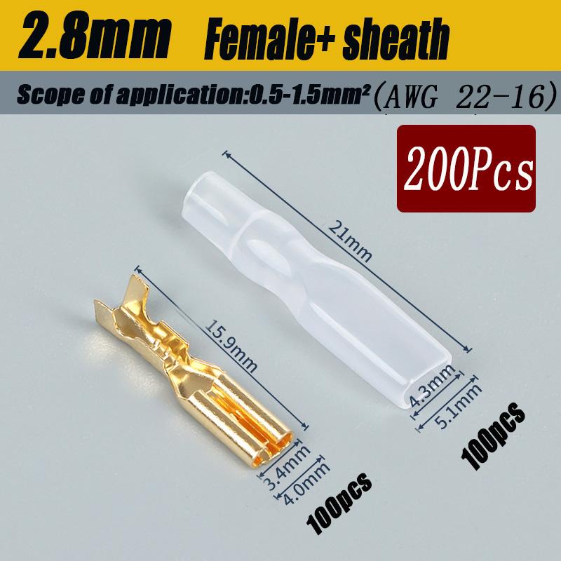 200Pcs Copper Female and Male Crimp Terminal Connectors Aautomotive Speaker Cable Flag Connector 2.8/ 4.8/ 6.3mm With Sheathing