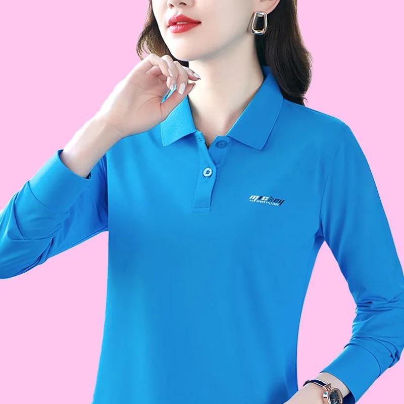 Fashionable Autumn Top Middle-aged Lapel T-shirt Polo Shirt New Long-sleeved T-shirt for Women Fashion Print
