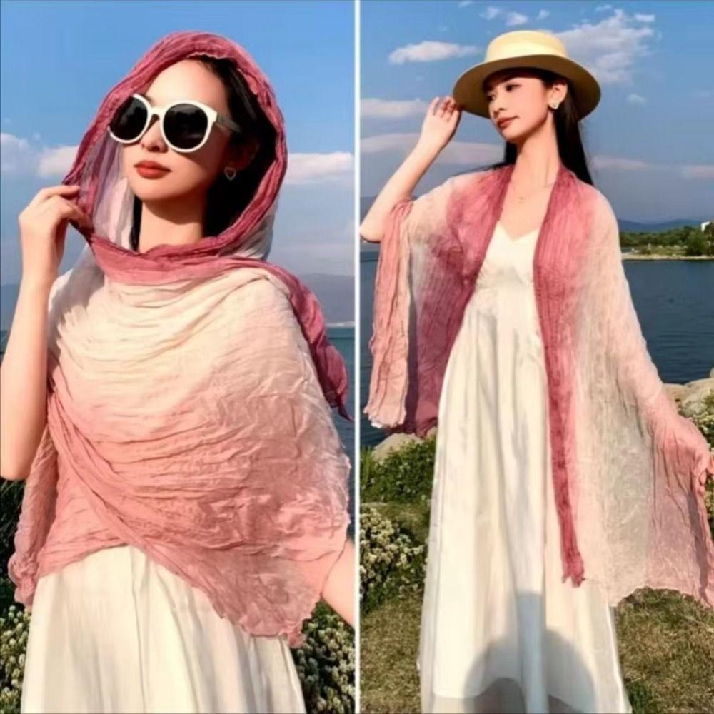 Bohemian Women's Long Pleated Shawl Warm Bandana Shawl Wraps Gradient Texture Scarf Autumn Winter