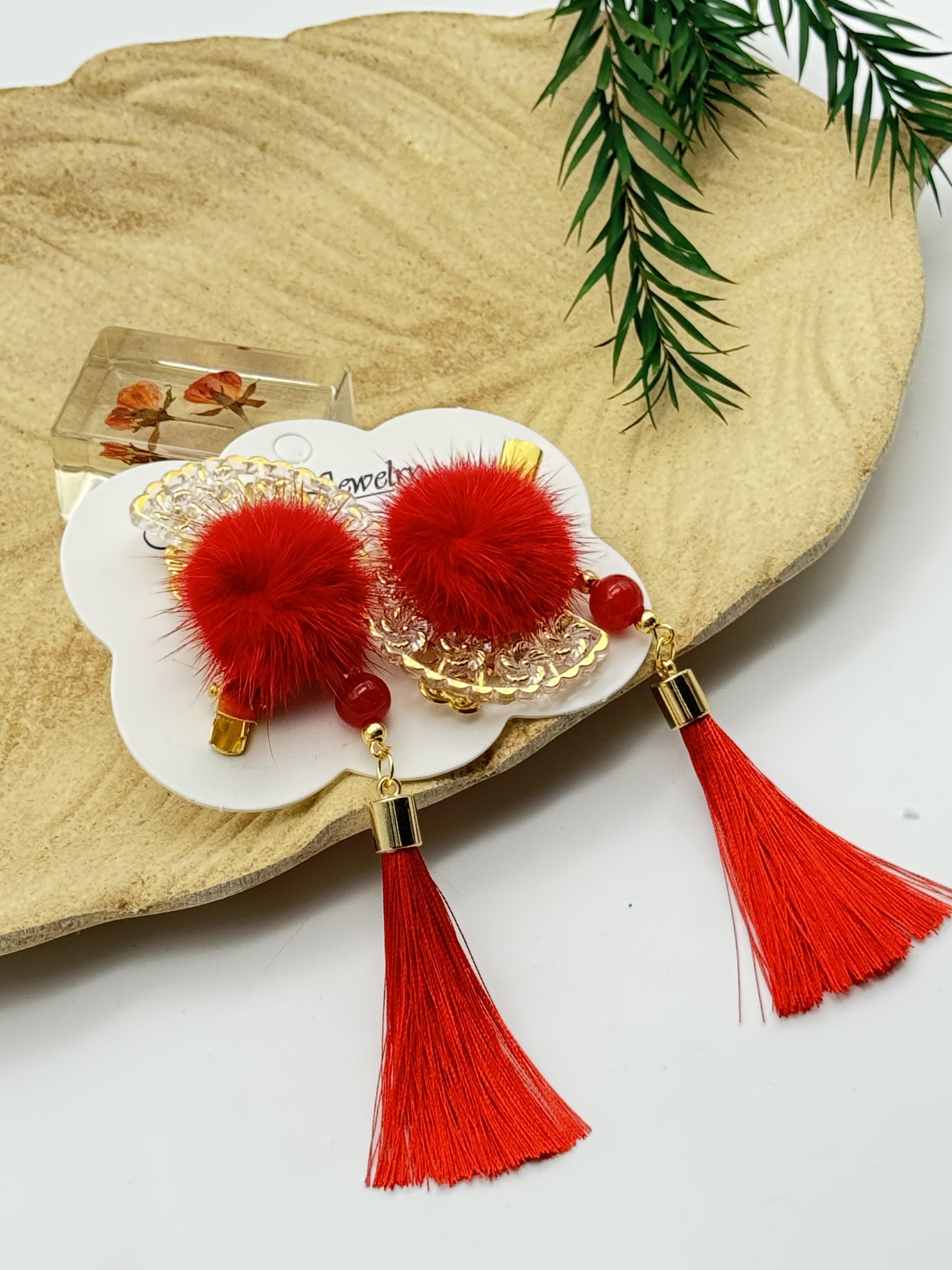 

New red vintage-style bow tassel hairpin - Chinese style Hanfu accessory - girl s festive headwear червоний