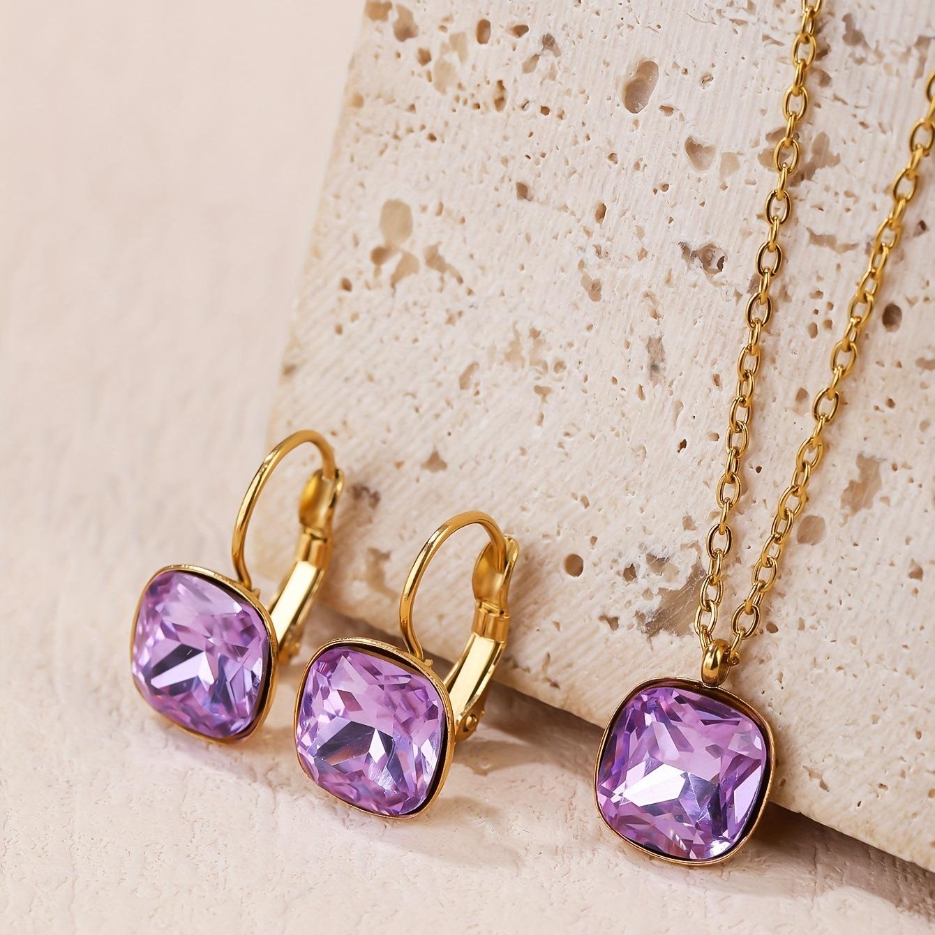 

Fat Zircon Jewelry Set 304 Stainless Steel Plated Real Gold Ear Buckle Pendant Necklace фиолетовый