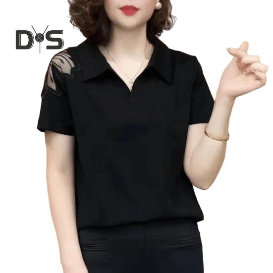 Femei topuri rever mânecă scurtă culoare solidă lejeră tricou dantela gol cu ​​mânecă scurtă pulover de vară topuri purtare zilnică