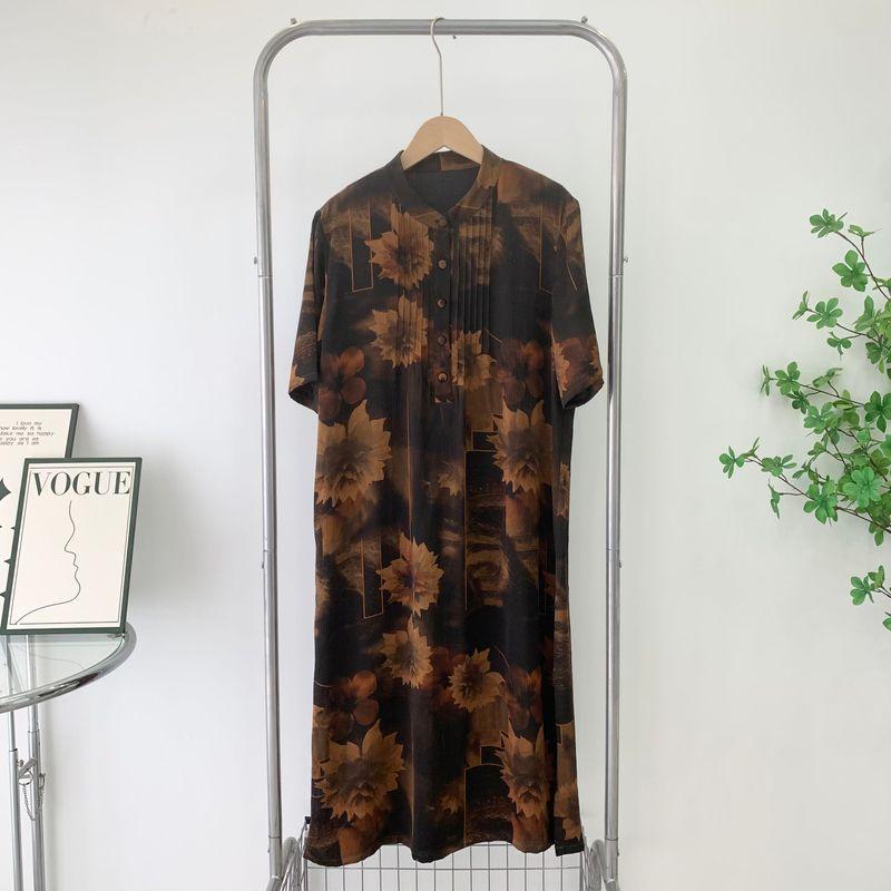 

Special Offer 100 Mulberry Silk Gambiered Guangdong Silk Dress Pearl Satin Short Sleeve Skirt Heavy Weight Silk Dress Summer New Arrival Brown 2XL Bust size 102, Length 109