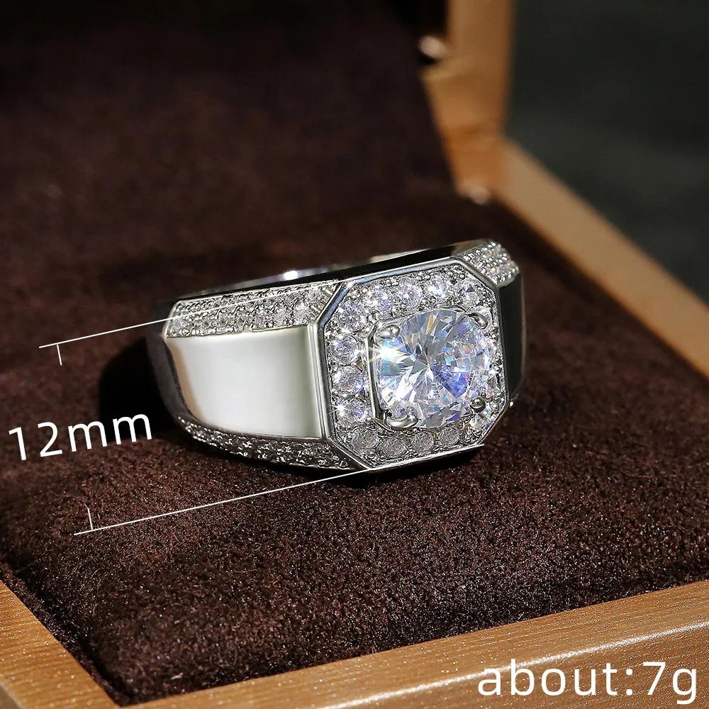 Luxury  Sterling Silver Men AAA Crystal Zircon Stone Wedding Ring Brilliant Noble Engagement Engage Party Plata Rings Stamp