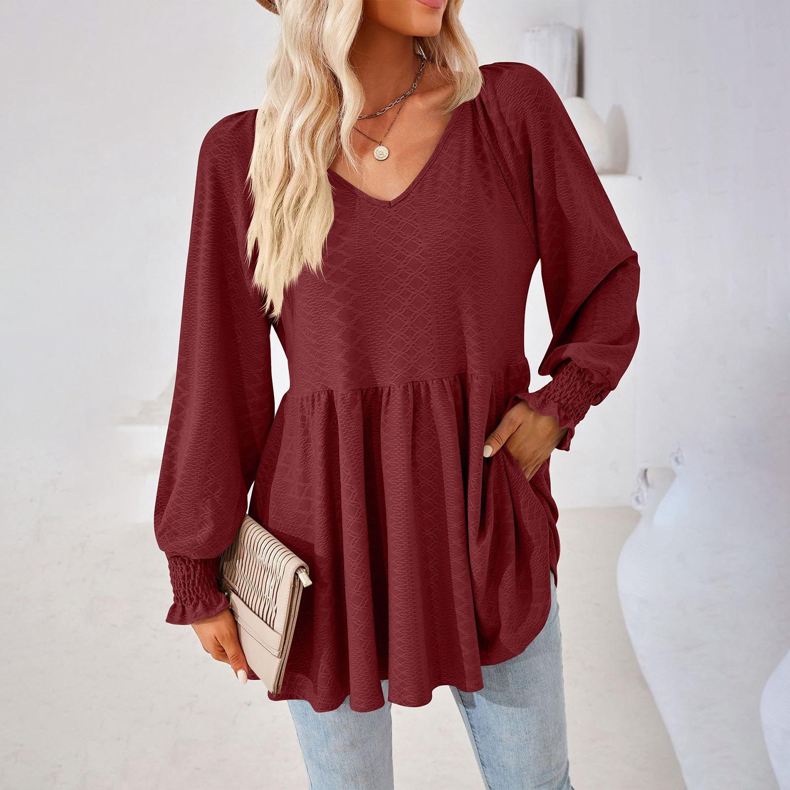 

Women s Color Paneled V-Neck Long-Sleeve Loose T-Shirt - Casual Daily Top XL винний