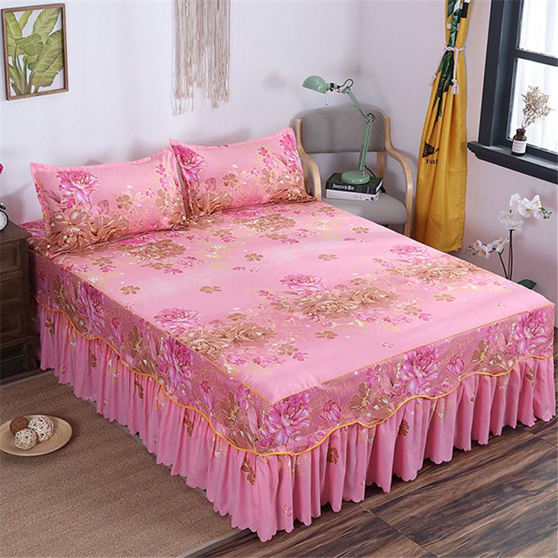3PCS Bed Skirt Flower Printed Fitted Sheet Cover Home Graceful Bedspread Bed Linens Bedroom Decor Mattress Cover Pillowcase