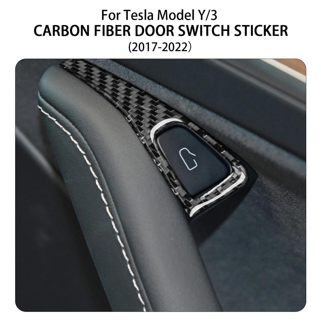 For Tesla Model Y + Model 3 2017-2022 Car Door Switch Button Carbon Fiber Stickers Panel Trim Cover