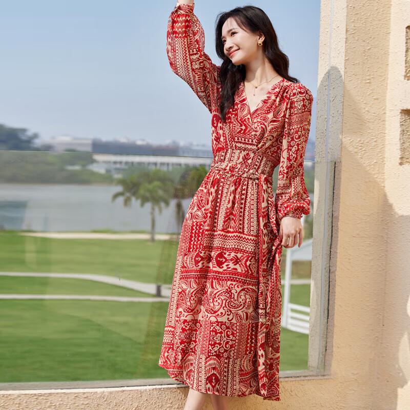 Shangdubila Red Floral V-Neck Midi Dress