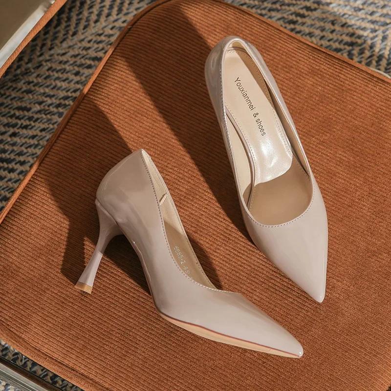 Fashion Women High Heels Fashion Pointed Toe Patent Leather Party Shoes Zapatillas Mujer Slip on OL Career Women Stiletto Office Shoes