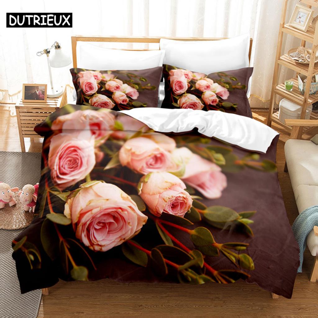 Pink Flower Duvet Cover and Pillowcases Set King Size 220x240 Double Bed Single 3D Queen Bedding Sets Pink Full Twin Quilt Linen