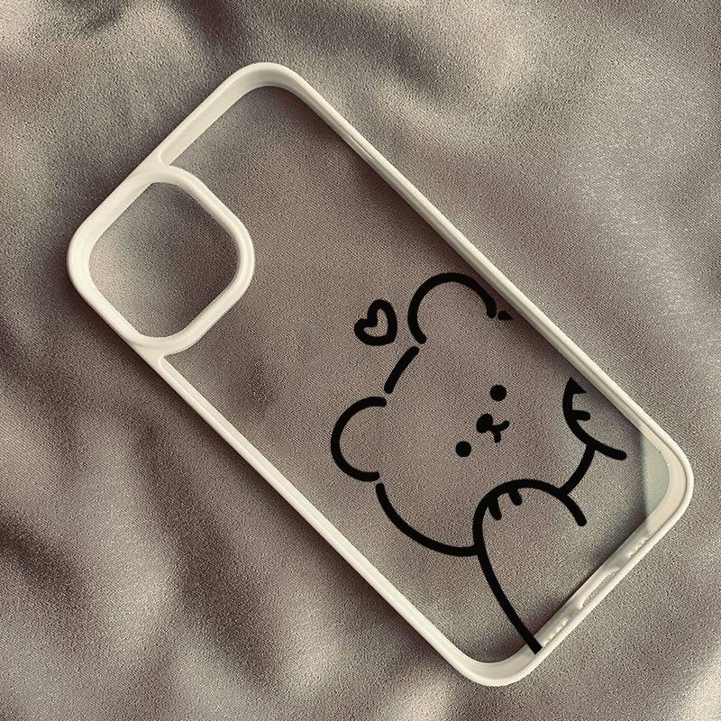 Cartoon Minimalist Bear Phone Case For iPhone 16 15 14 Pro MAX 12 13 12 XS SE2 XR 7 8Plus Cute Line Animal Hard Clear Cover Capa