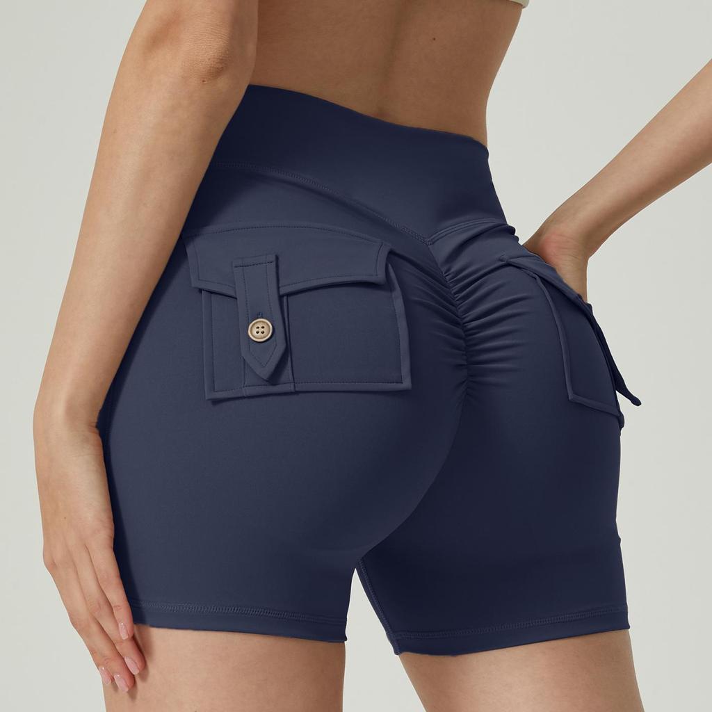 Shorts de Yoga Europeus e Americanos de Cintura Alta com Bolso - Calças de Fitness Flare para Levantamento de Quadril Feminino