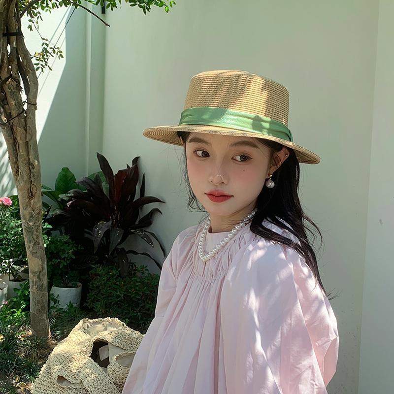 Summer French Flat Top Straw Hat Straw Top Hat Big Brim Sun Hat Seaside Vacation Sun Hat