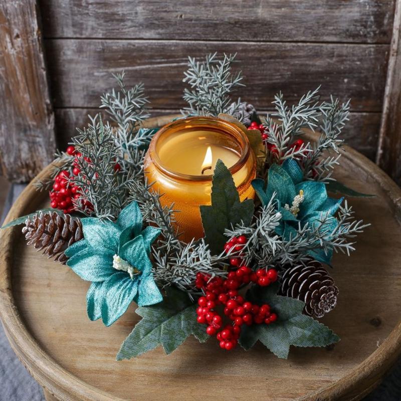 Door Wall Window Christmas Ornament Artificial Pinecone Candlestick Wreaths with Red Berries & Leaf Table Centerpiece