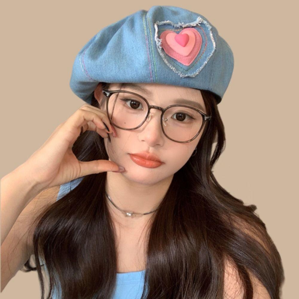 

Y2k Newsboy Caps Sweet Painter Hat Retro Heart Denim Beret Female Style 2