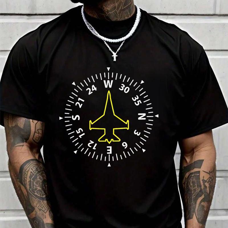 Minimalist Pilot Compass Men's Graphic Print T-Shirt Fashionable Casual Street Suitable For Tra