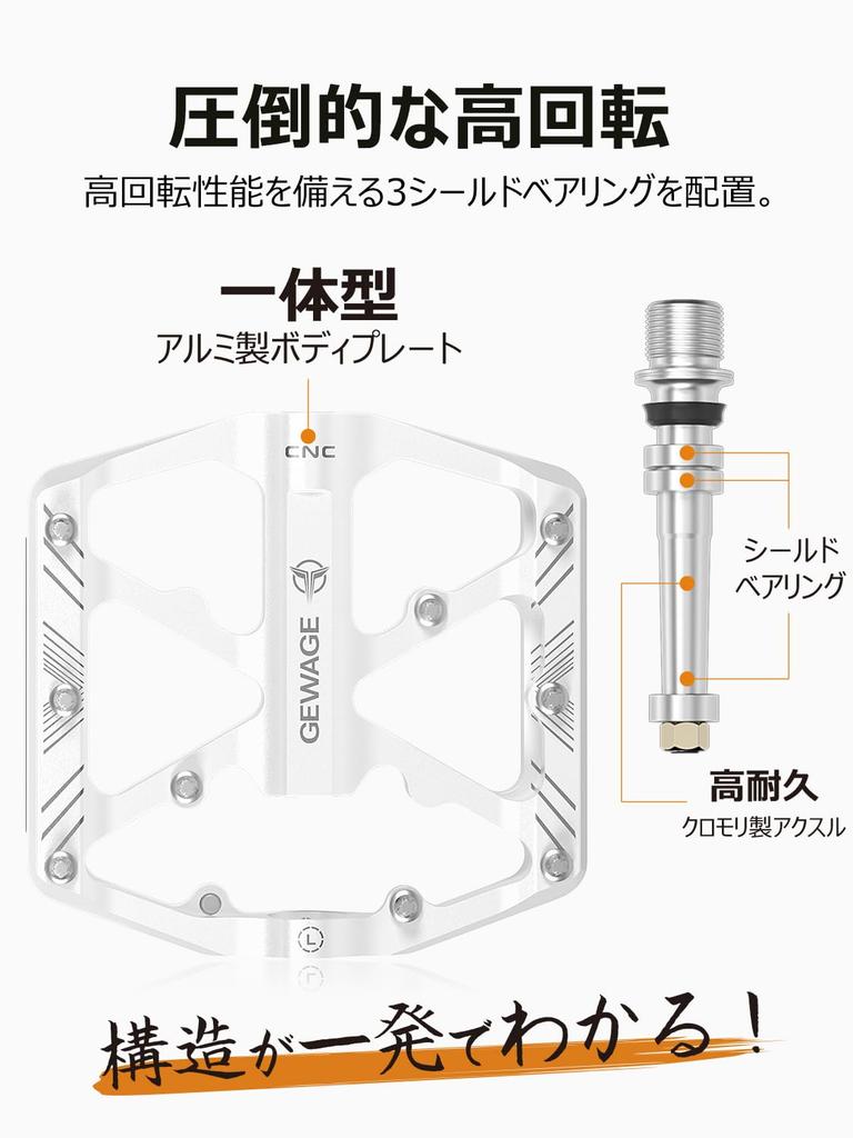 GEWAGE Bicycle Flat 3 Sealed Aluminum Pedals, Reflector-Equipped Pedals, Bearings, (White)