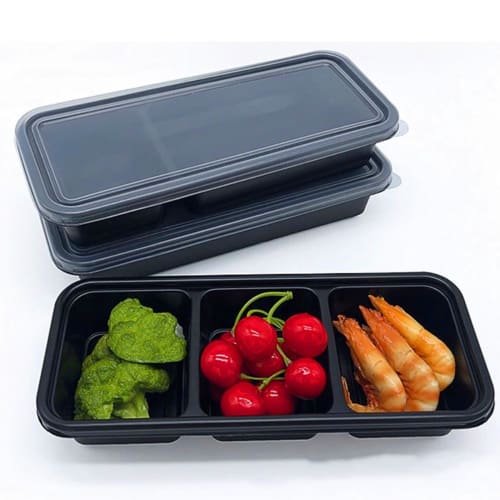 MiniMood Disposable Lunch Boxes, 3-Pack, 600ml, 50-Piece Set, Black, with Clear Lids, Microwave-Safe, for Lunch Delivery, Dishware, and Storage (22x9.