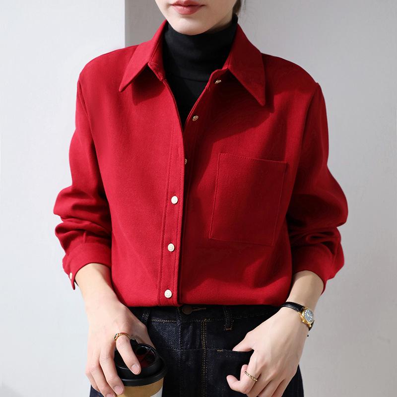 Women's Brushed Red Long Sleeve Shirt - High-End Base Layer for Autumn/Winter 2026, Perfect for Commute and Interviews.