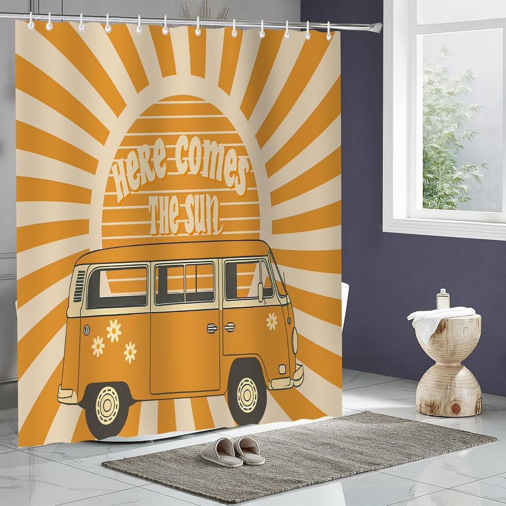 Here Comes The Sun Douchegordijn 72x72 Inch Boho Vintage Bloemen Bus Retro Hippie Oranje Zon Zonneschijn Omkeerbaar voor Thuis