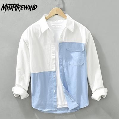 Korean Street Style Loose Top Spring and Summer Pure Cotton Men's Casual Shirt Lapel Stitching Long Sleeve Shirt Youth Fashion Men Clothing