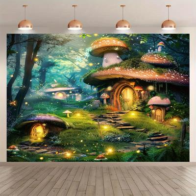 Forest Mushroom House Shining Firefly Decorative Background Cloth, Party Decoration Background Photo Props