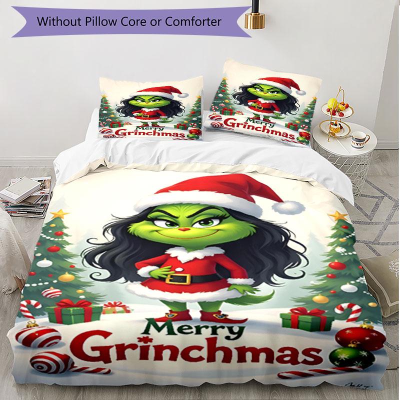 3pcs Duvet Cover Set (1*Duvet Cover + 2*Pillowcase, Without Core), The Grinch Print Soft All‑Season Bedding Set, Home Bedroom Decor Gift