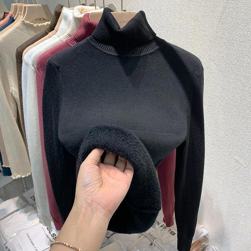 WTEMPO Rollkragenpullover Einfarbig Langarm Beiläufige Gestrickte Pullover Frauen Herbst Winter Plüsch Verdickte Jumper Warme Bodenbildung Strickwaren