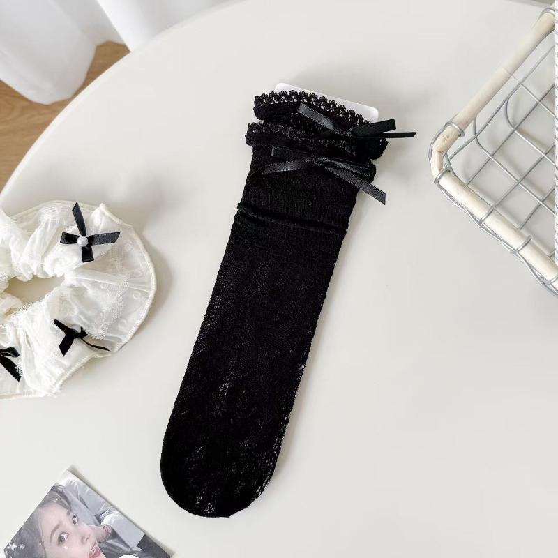 Lolita Socks for Women's Spring and Summer, Bow Lace Lace, Solid Color Pile Socks, Breathable Mid-calf Socks