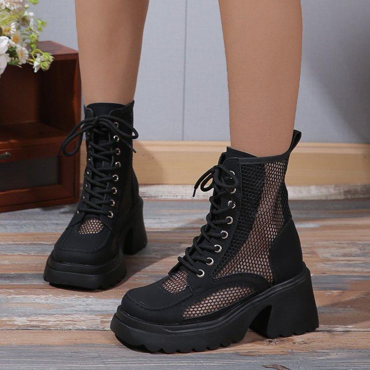 New thick-soled heightened square head summer British style small mesh high-heeled hollowed-out versatile cool boots women's shoes