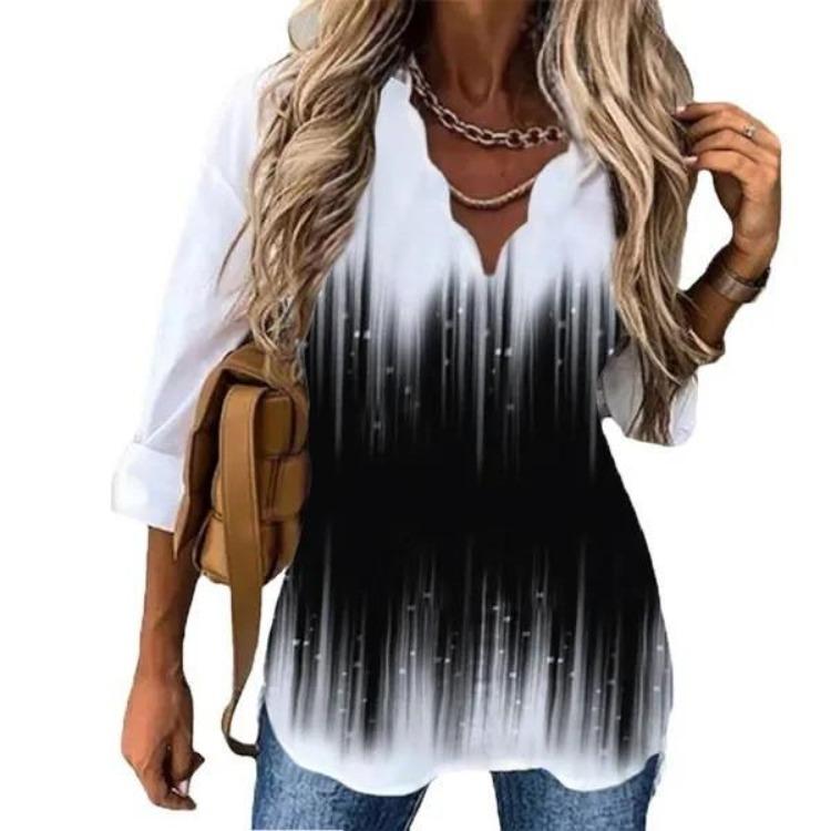 European American Women Printed Long Sleeve Shirt with Wave Collar Summer