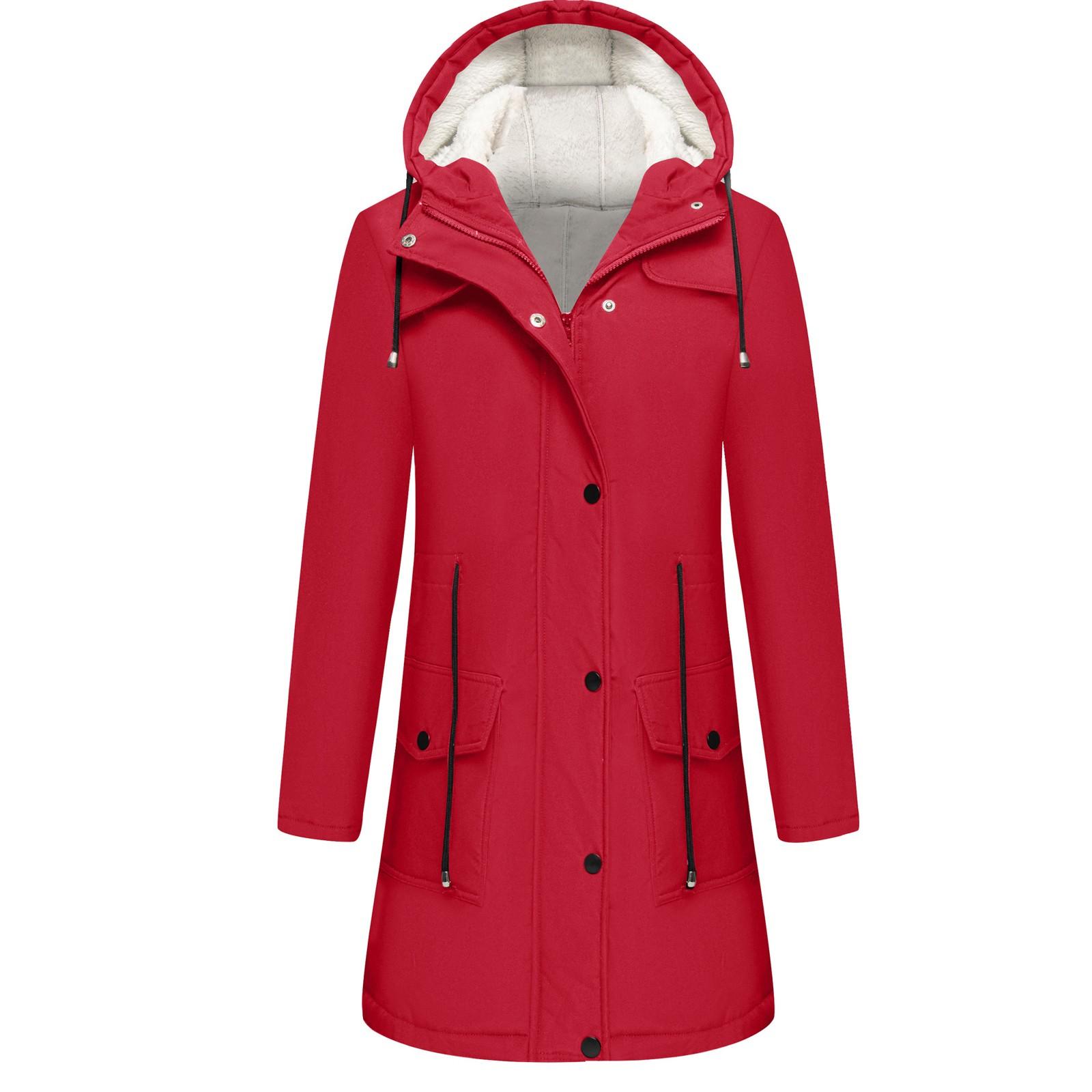 

Женская однотонная куртка Hardshell с капюшоном, ветровка с длинным рукавом и флисовая куртка для походов на открытом воздухе, куртка средней длины, водонепроницаемая куртка L красный