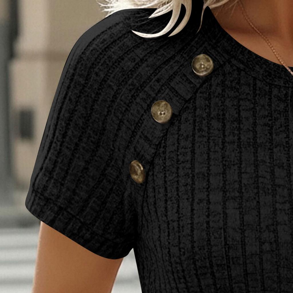 Spring Summer New Women's Knit Short Sleeve T-shirt, European American Style Crew Neck Button Design Slim Fitted Tops