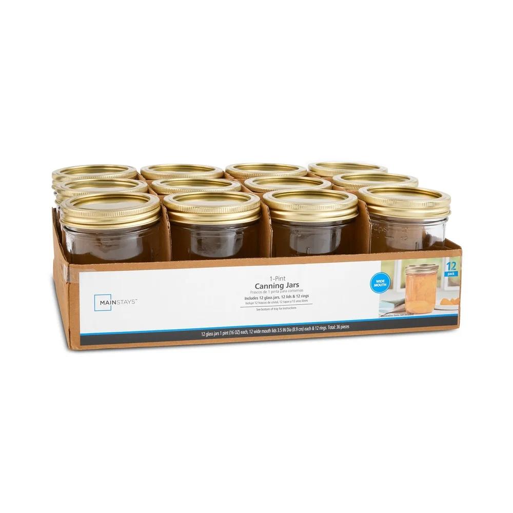 Clear Glass Canning Jars 16oz Wide Mouth Airtight Seal Food Storage Jars 12 Count Dishwasher Safe Preserve Jams Pickles Sauces
