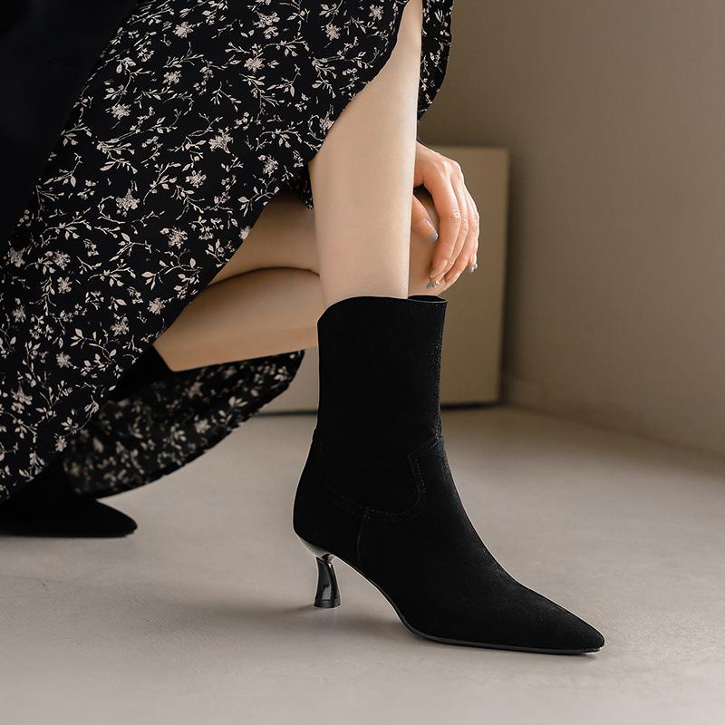 Women's high-heeled short boots spring and autumn pointed-toed thin-heeled simple large-size short boots