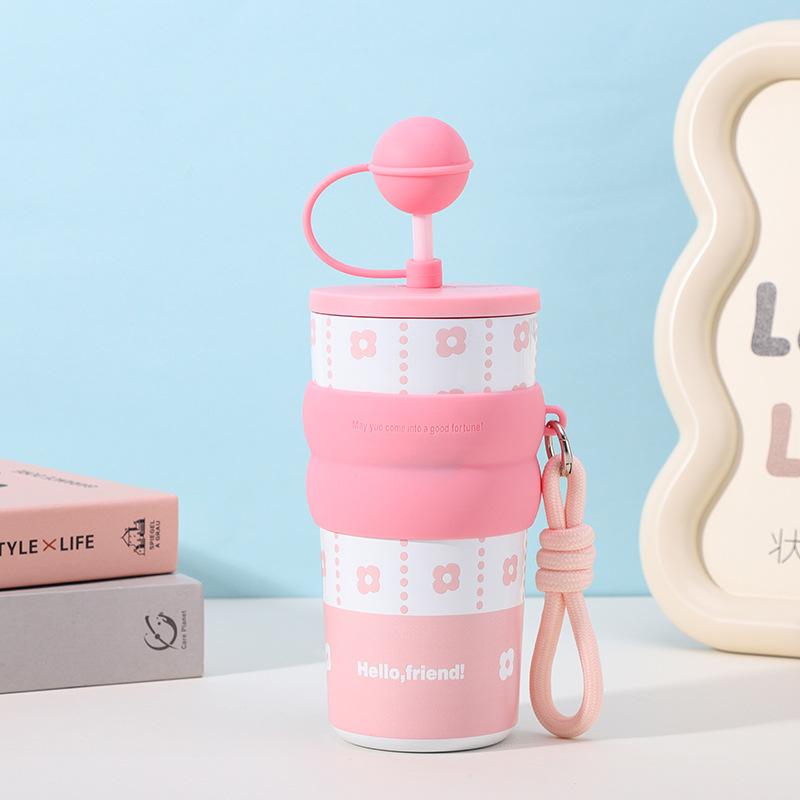 New Fashionable Household Stainless Steel Thermos Cup, Simple and Creative Coffee Cup with Lifting Rope, Cute and High-value Gift Cup