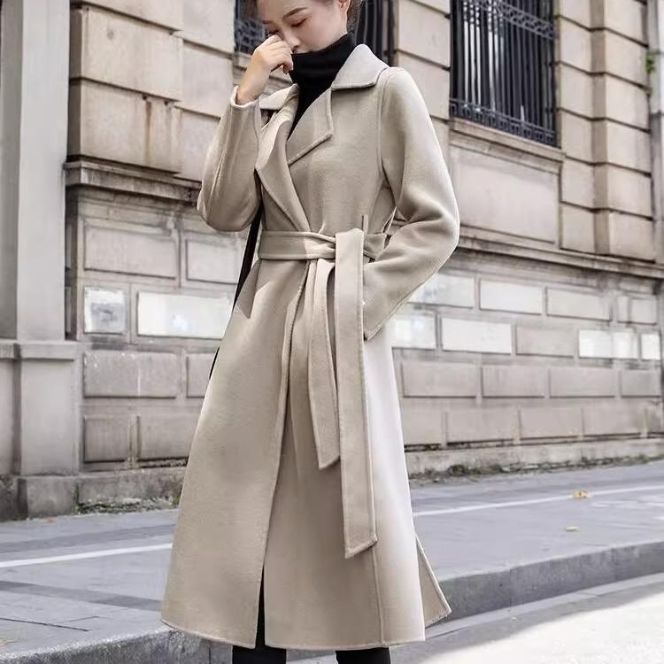 

Шерстяная верхняя одежда для женщин Зимняя модная куртка Блейзер Воротник с поясом Средней длины Корейский стиль S