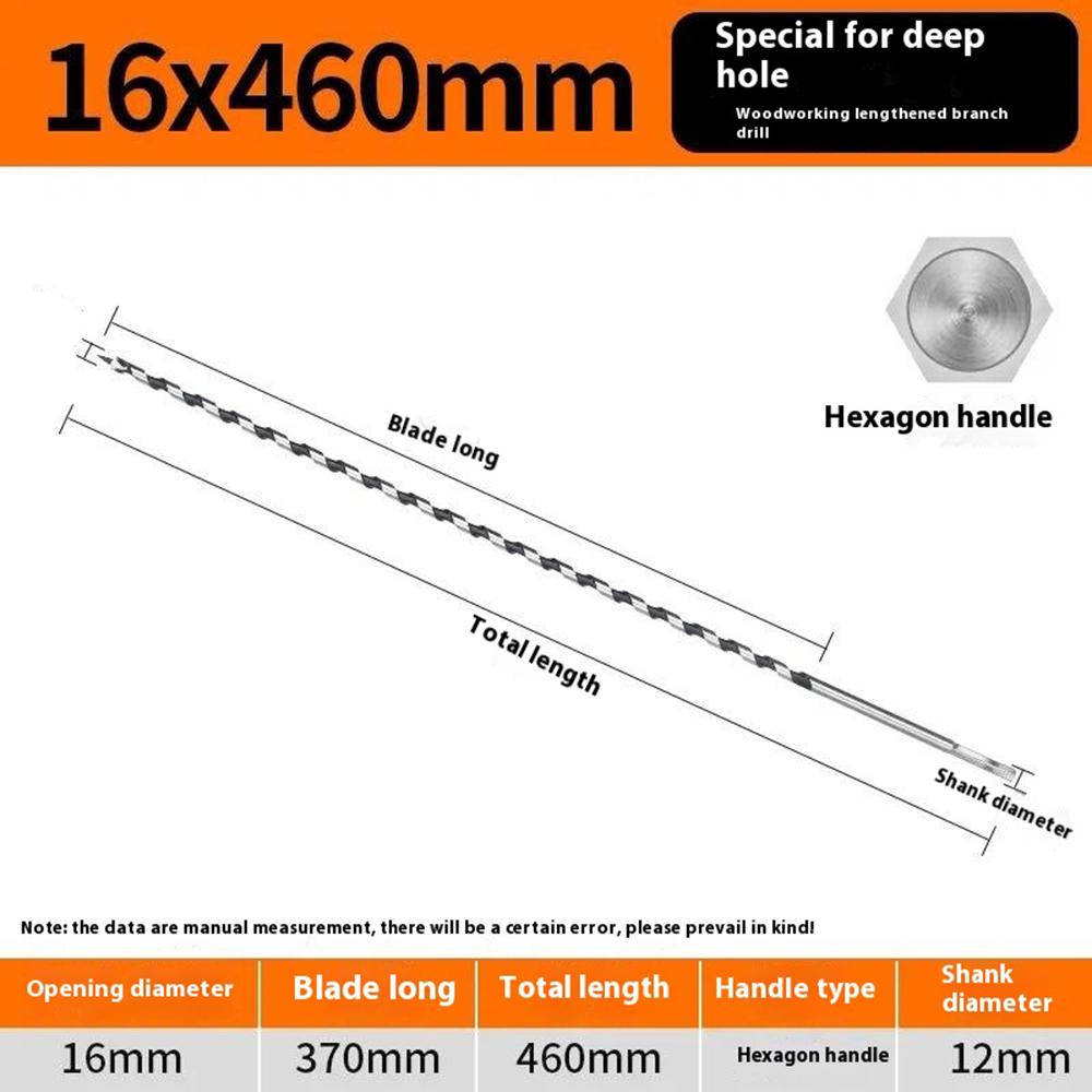16x460mm Deep Hole Extended Auger Drill Bit Woodworking Hex Shank Bit for Electric Drill/Bench Drill