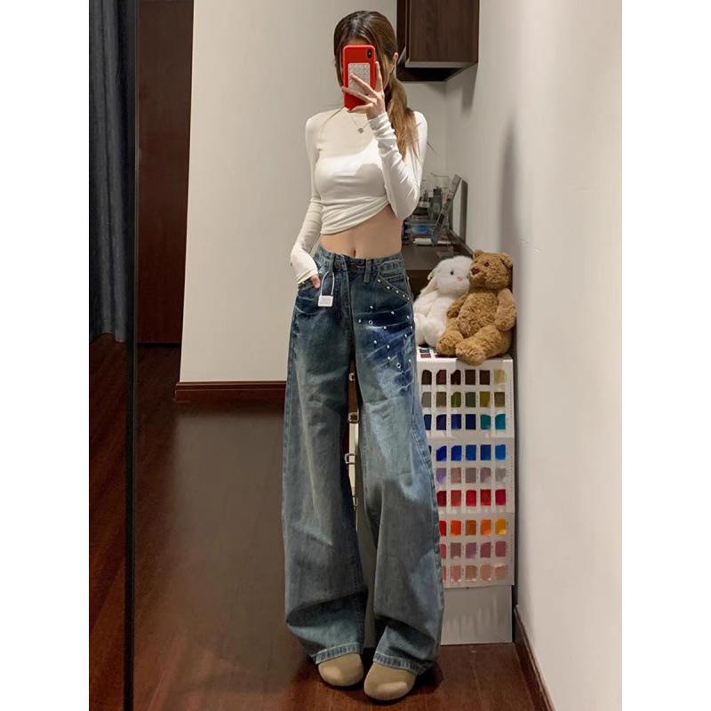 Women's High-Waisted Washed Rivet Wide-Leg Jeans - Autumn/Winter Floor-Length, Comfortable, Versatile, Slimming Straight Pants