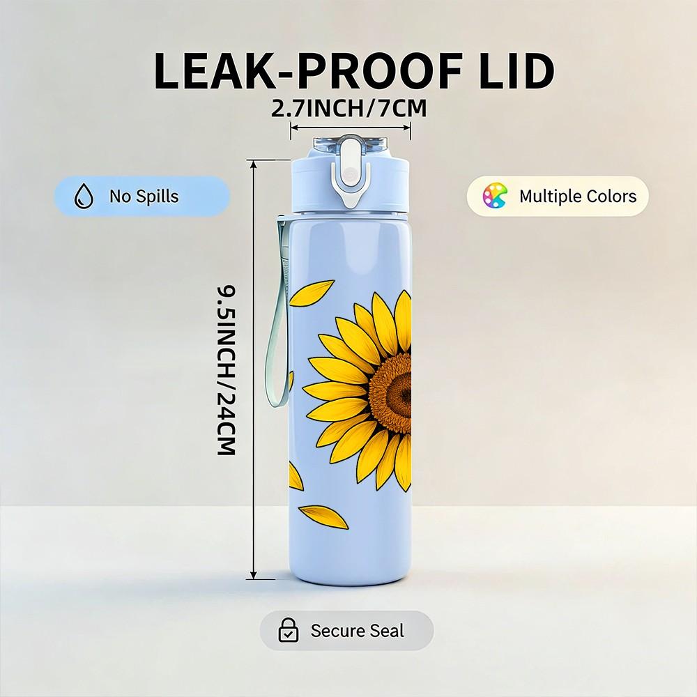 1PC Single Sunflower Yellow Petal Print 750ml Color Plastic Sports Water Bottle Leakproof Flip Straw Lid Suitable for Sports Office Home Use