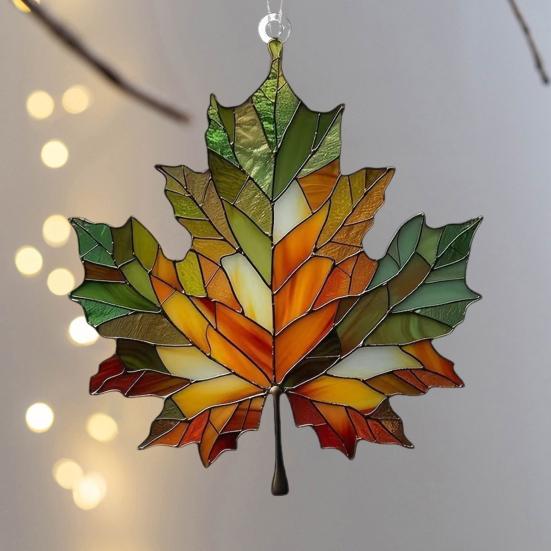 Autumn Maple Leaf Suncatcher Stained Glass Window Wall Hanging Decoration Acrylic Fall Leaf Ornament for Harvest Thanksgiving Party Supplies