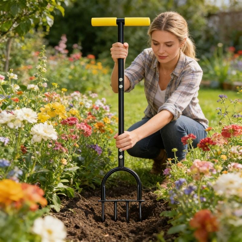 4-Zinken Gartenschaufel aus Karbonstahl zum Auflockern und Belüften des Bodens mit ergonomischem Griff