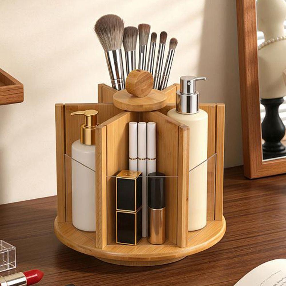 Bamboo Rotating Cosmetic Storage Box Large Capacity Multi-Compartment Facial Care Storage Rack Space Saving Makeup Organizer