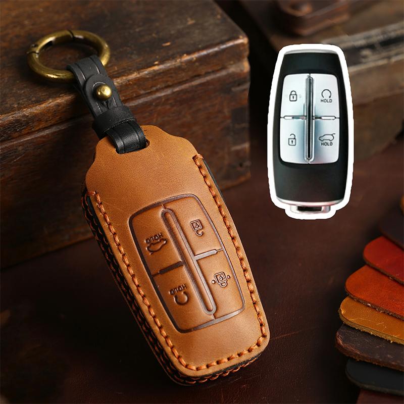 

Кожаный чехол для автомобильного ключа с 8 кнопками для Hyundai Genesis G80 GV70 GV80 2019 2020 2021 2022, держатель для дистанционного ключа, автомобильные аксессуары коричневый