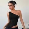 2025 New Fashionable Casual Women's T-Shirt Solid Color Single Shoulder Asymmetrical Slim Fit Top One-Piece Neck