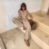 Women's Loose Fit Two Piece Pant Suit Sleeveless V Neck Button Vest Low Waist Wide Leg Trousers