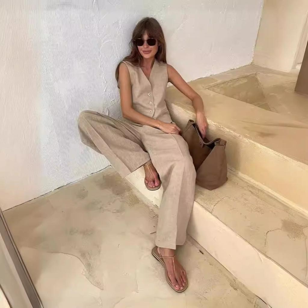 Women's Loose Fit Two Piece Pant Suit Sleeveless V Neck Button Vest Low Waist Wide Leg Trousers