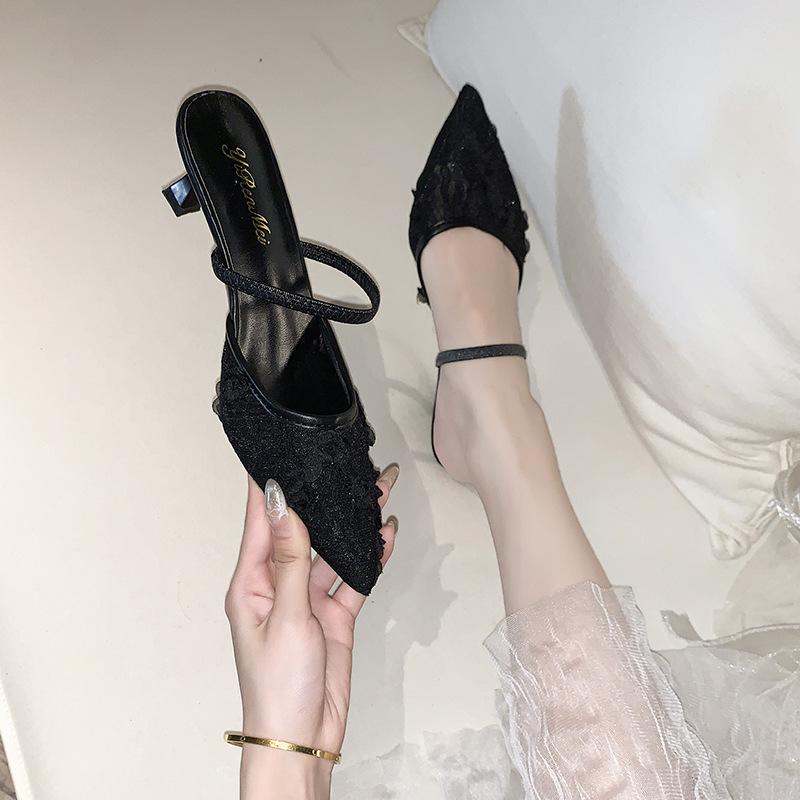 Versatile cool slippers 2025 summer new lace breathable pointed bag head half slippers women wear high-heeled cool slippers